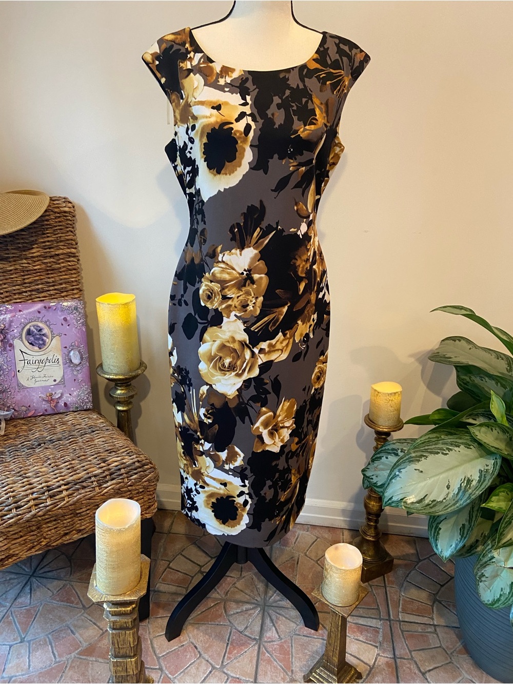 connected apparel Black and Gold Floral Midi Dress